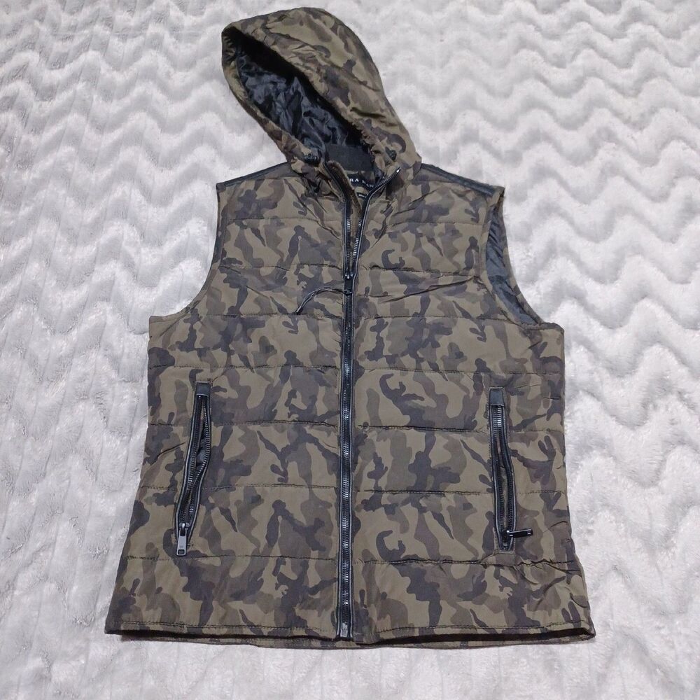 Zara Man Mens Size S Green Camo Sleeveless Hooded Zip Up Puffer Coat